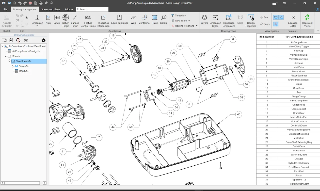 Alibre Design üretim çizimleri ve teknik dokümantasyon ekranı